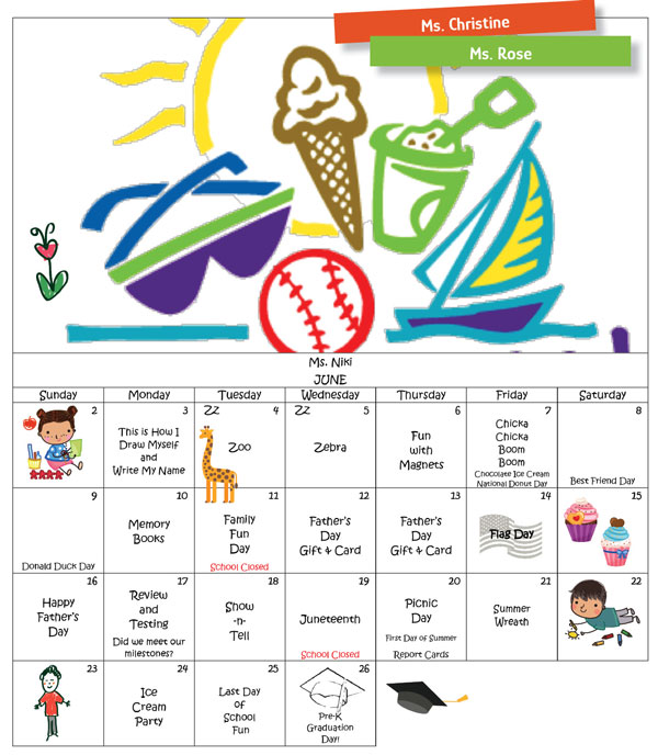 Discovering Me Nursery School 2024 June newsletter calendar